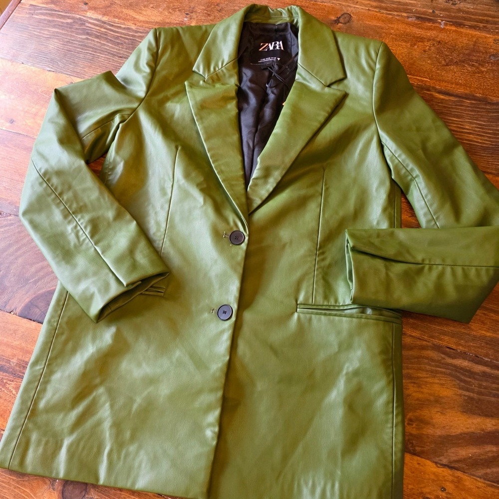 Zara XS Fauxโ Leather Blazer Jacket Longline Button Front Career olive green